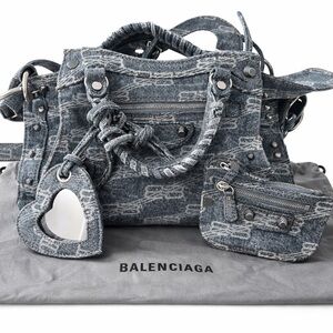 Balenciaga Women's Denim Monogram Satchel Bag in Washed Blue